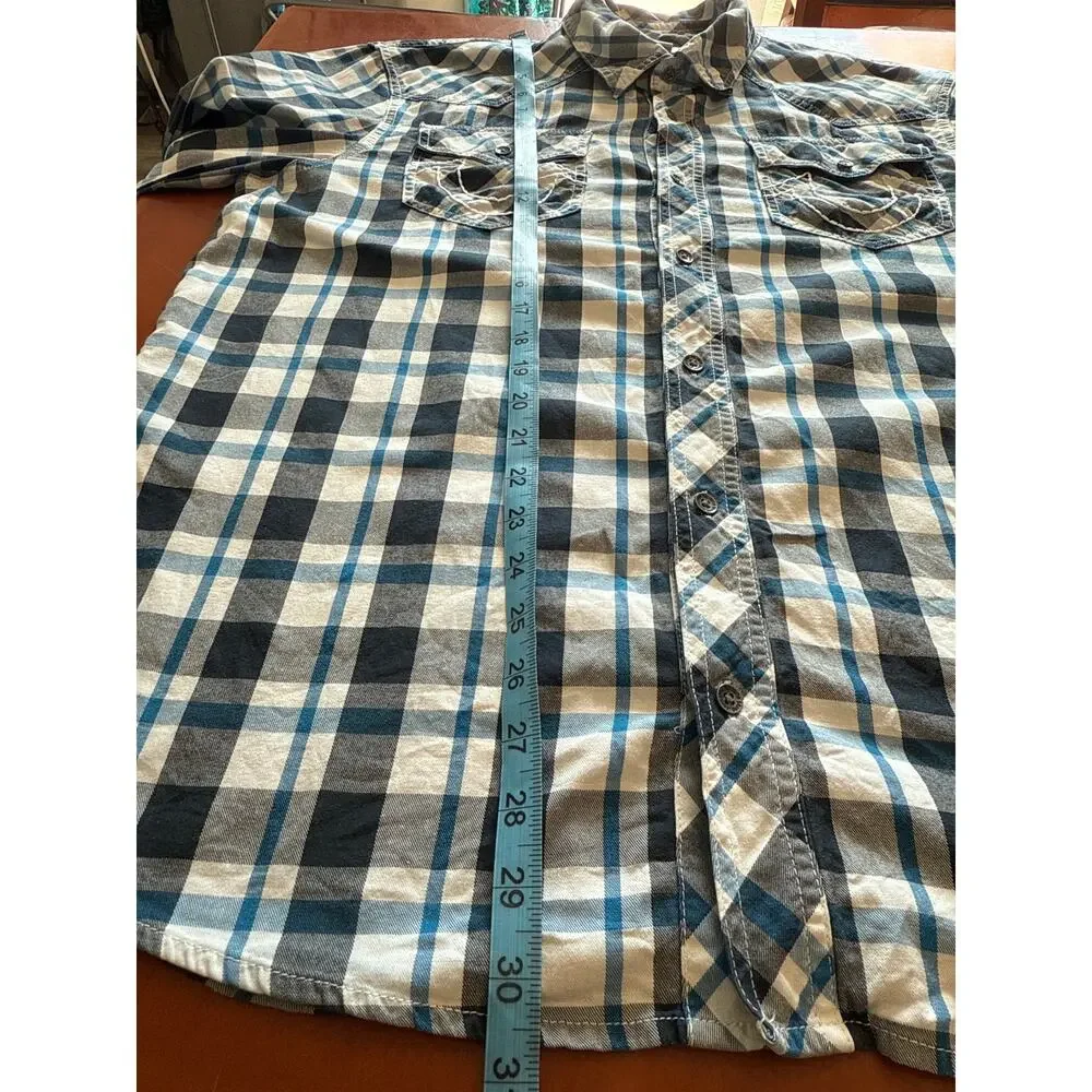 True Religion Long Sleeve Western Button Up Shirt Blue Checked Mens Large